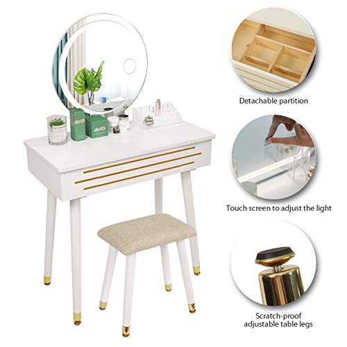 ARTETHYS Vanity Table Set with Touch Adjustable Vanity Mirror 3 Color Lighting Modes Dressing Table with Vanity Bench Stool & Makeup Organizer (Round Mirror)