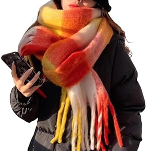 YCBMINGCAN Écharpe en tricot tissé pour femme avec motif à carreaux colorés et longues franges épaisses, écharpe bleue chaude d'hiver pour femme, Orange, taille unique
