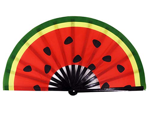 Amajiji Large Folding Fan, Chinease Japanese Bamboo and Nylon-Cloth Folding Hand Fan, Hand Folding Fans for Women Men, Hand Fan Festival Fan Gift Fan Craft Fan Folding Fan Dance Fan (Watermelon)