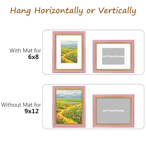 Image of Golden State Art,9x12 Ornate Picture Frame Holds 6x8 Photo,Pink Gold | Includes real glass front,white mat,build-in hangers and buttons.Displays 6x8 photo on wall