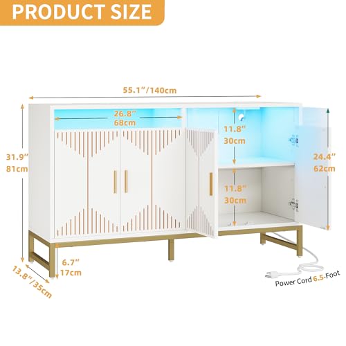 DWVO Modern Kitchen Storage Cabinet with Power Outlet and LED Light, 55" Sideboard Buffet Cabinet with Storage for Living Room, Kitchen, Hallway, White/Gold