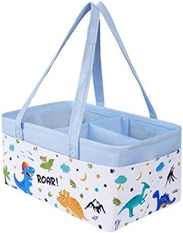 WERNNSAI Dinosaur Diaper Caddy - Collapsible Nursery Organizer for Boy Infant Baby Shower Gifts Large Blue Storage Basket for Changing Table Car Travel Living Room Newborn Essentials Must Have Dots