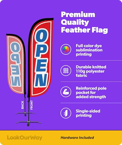 Image of LookOurWay Feather Flag Set - 5ft Tall Advertising Banner Flag with Pole Kit and X-Stand for Business Promotion - Open Red /Blue
