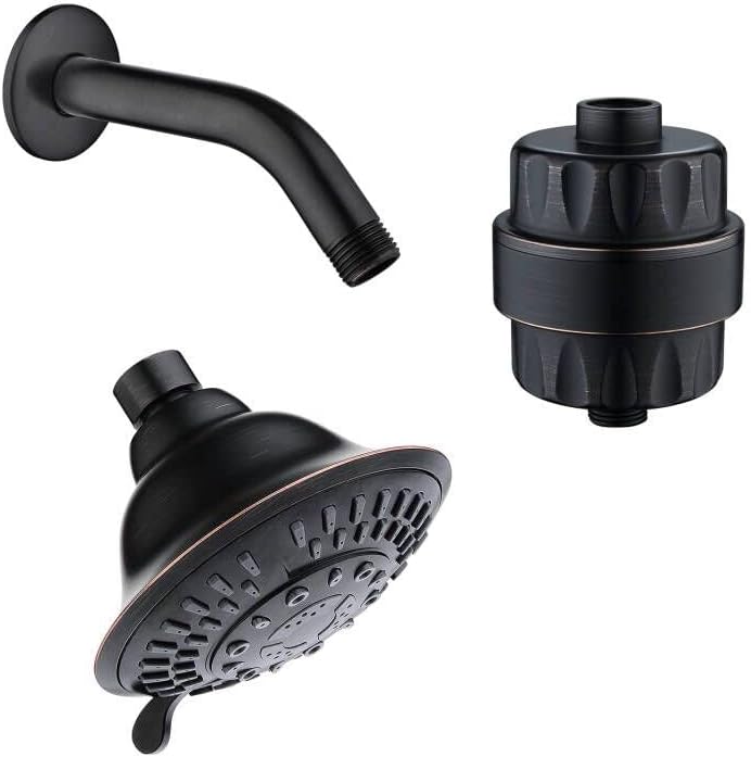 BRIGHT SHOWERS Cabezal de ducha fijo de 5 ajustes de pulverización y brazo de ducha de latón de 6 pulgadas a juego y filtro de cabezal de ducha