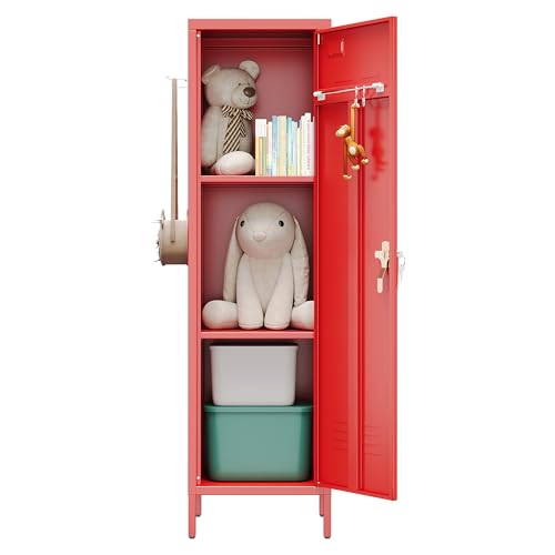 Image of Aobabo Metal Locker, 54 inch H Metal Storage Locker for Employees, Lockable 1 Door with Towel Rack and 2 Side Pegboards with Hooks for School Office Gym Home, Assembly Required (Red)
