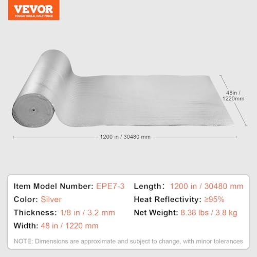 VEVOR Heizkörper Reflexionsfolie, Heizung Isolierfolie mit Schaumstoffkern, 30 m x 122 cm, 3,2 mm dick, doppelseitige Dämmfolie aus Alu, EPE, Thermofolie, Isoliermatte für Wandisolierung, Kälteschutz