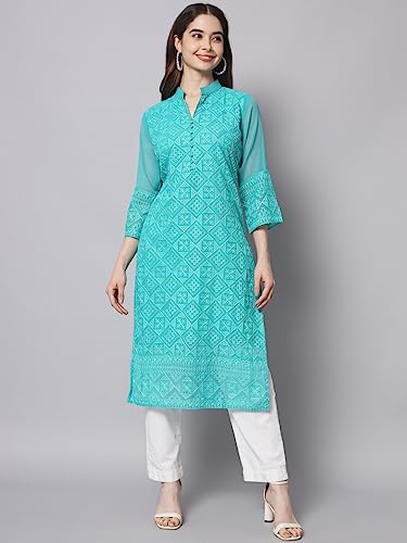 Image of Ekasya Women's Georgette Embroidered Work Kurta with Notch Neck 3 /4 Sleeves Straight Cut Calf Length | E1547