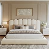 Glirun King Size Cloud Bed Frame with Wave Headboard, Upholstered Platform Bed with Velvet Finish, Sturdy Metal Slat Support, Noise-Free, No Box Spring Needed, Cream White