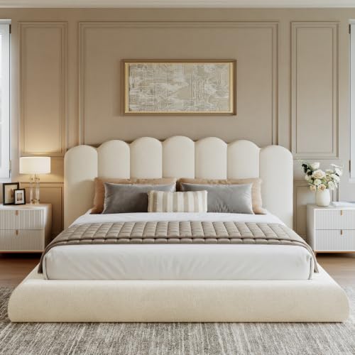 Glirun King Size Cloud Bed Frame with Wave Headboard, Upholstered Platform Bed with Velvet Finish, Sturdy Metal Slat Support, Noise-Free, No Box Spring Needed, Cream White