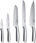 hecef Silver Kitchen Knife Set of 5, Satin Finish Blade with Hollow Handle, Includes 8" Chef, 8" Bread, 8" Santoku, 5" Utility and 3.5" paring Knife