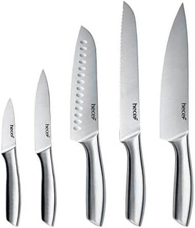 hecef Silbernes Küchenmesserset mit Hohlem Griff, Hochglanzpoliertes Edelstahlmesser, Gesandstrahltes Messer mit Schutzscheide, Kochmesser mit Scharfer Klinge