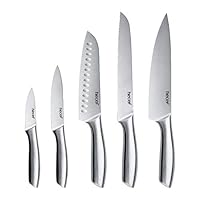 hecef Silver Kitchen Knife Set of 5, Satin Finish Blade with Hollow Handle, Includes 8" Chef, 8" Bread, 8" Santoku, 5" Utility and 3.5" paring Knife