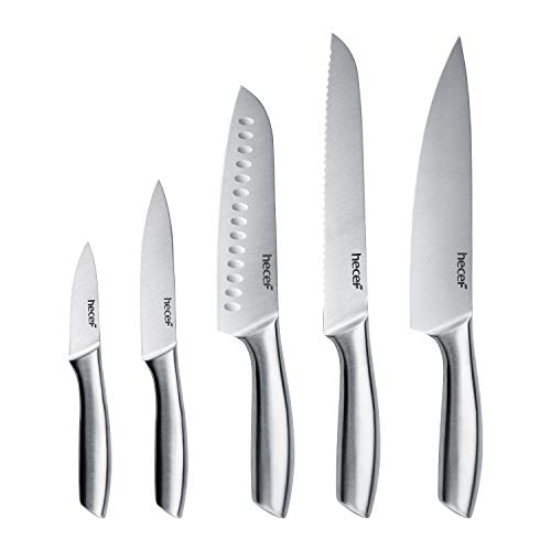 hecef Premium Kitchen Knife Set of 5, Satin Finish Blade with Hollow Handle, Includes 8″ Chef, 8″ Bread Knife,8″ Santoku,5″ Utility & 3.5″ Paring Knife