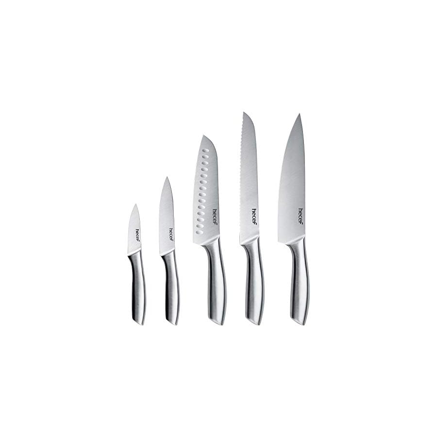 hecef-Silver-Kitchen-knife-set-of-5-Satin-Finish-Blade-with-Hollow-Handle-includes-8-Chef-8-Bread-8-Santoku-5-Utility-and-35-paring-knife hecef Silver Kitchen knife set of 5, Satin Finish Blade with Hollow Handle, includes 8" Chef, 8" Bread, 8" Santoku, 5" Utility and 3.5" paring knife