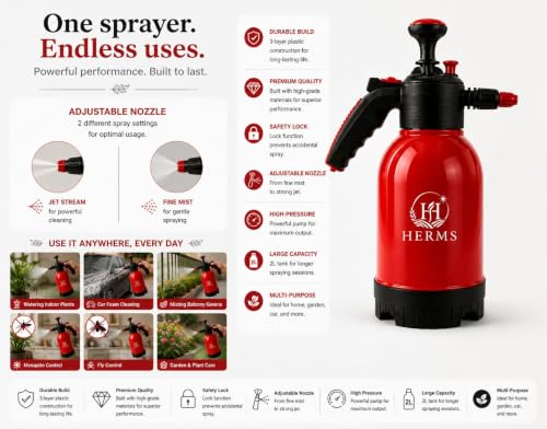 Image of Herms Aquamist 2L Hand Pressure Spray Pump | 3 Spray Modes | Adjustable Brass Nozzle | Garden Sprayer for Watering Plants, Pesticide, Fertilizer, Home Garden, Nursery & Car Washing (Red)