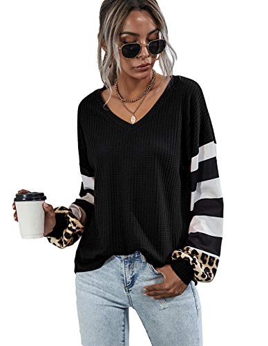 Youdiao Womens V Neck Tops Long Sleeve Shirts Waffle Knit Blouse Casual Loose Oversized Pullover Sweatshirt Black M