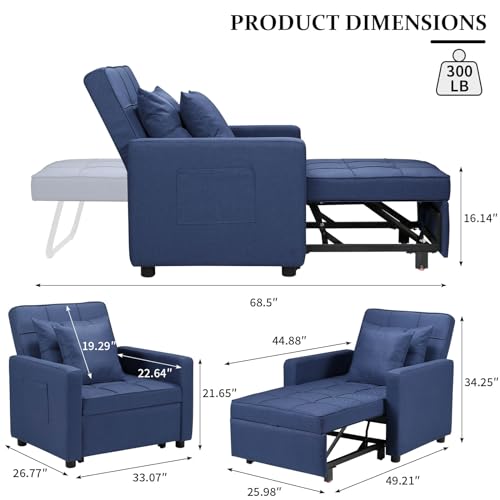 GOOGIC Convertible Chair Bed, 3-in-1 Folding Sofa Bed Chair with Adjustable Backrest, Multi-Functional Pull Out Sleeper Chair Bed Single Armchair Sofa Bed with Side Pocket (Blue)