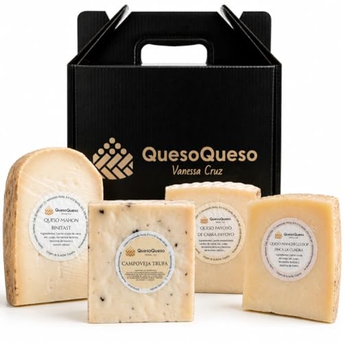 QUESOQUESO® Caja de Quesos Gourmet Regalo | Surtido 4 Cuñas Queso Semicurado y Curado de Oveja, Cabra y Vaca | Queso Manchego, Payoyo, Mahon y Castellano con Trufa | Regalo Pareja 