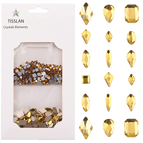 Tisslan 820Pcs Golden Yellow Sparkle Nail Gems Flatback Crystals Charms 3D Nail Art Decoration Shape Rhinestone With Loose Round Flatback Diamonds Set For Personal Nails Manicure #TOP6