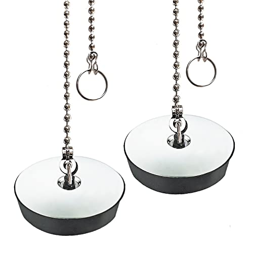 (2 Pack) Tomario Sink Bath Plug, Black Rubber with Chain, 450mm Stainless Steel Ball Chain Hook for Kitchen Bathroom Sink Drain Stopper Plug Replacement (45mm, 1 3/4 Inch)