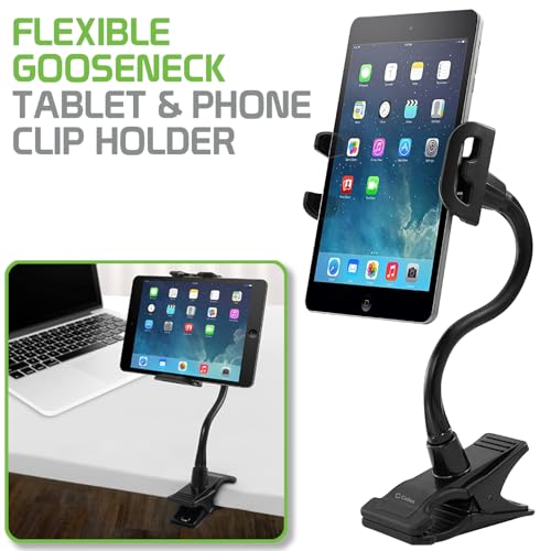 Gooseneck Flexible Cell Phone Holder and Tablet Mount with Clamp. Clip-On Stand for Bedroom Desktop Kitchen Office Car Compatible for iPad Pro Air Mini, Galaxy Smartphones iPhones, Google Pixels
