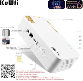 KuWFi Routeur WiFi 6 AX3600Mbps, 5G eSIM Box Portable, Port Ethernet, Bi-Bande, Sim WiFi Mesh Box 5G, Configuration Facile, Modem, Port Ethernet RJ45, Pocket WiFi Portable, 32 Appareils, 4000mAh