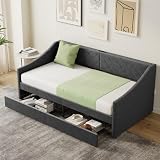 Mashomdec Twin Size Daybed with 2 Storage Drawers, Upholstered Daybed Frame with Charging Station, Heavy Duty Sofa Bed for Bedroom, Living Room, No Box Spring Needed,Easy Assembly