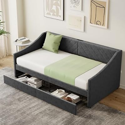 Mashomdec Twin Size Daybed with 2 Storage Drawers, Upholstered Daybed Frame with Charging Station, Heavy Duty Sofa Bed for Bedroom, Living Room, No Box Spring Needed,Easy Assembly