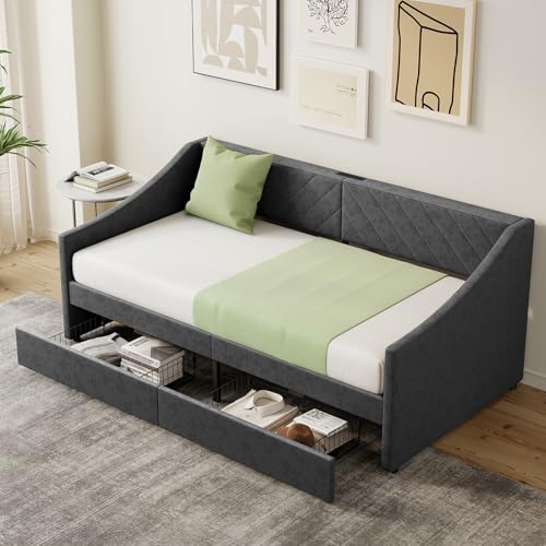 Mashomdec Twin Size Daybed with 2 Storage Drawers, Upholstered Daybed Frame with Charging Station, Heavy Duty Sofa Bed for Bedroom, Living Room, No Box Spring Needed,Easy Assembly