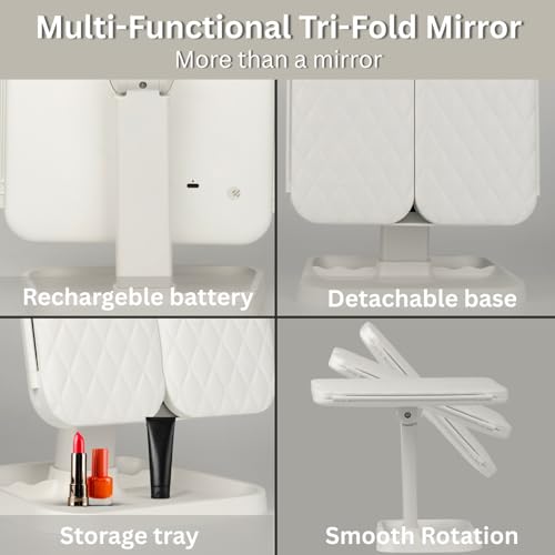 Image of Plastic Rectangular LED Makeup Mirror with Adjustable Trifold Angle and LED Lights | Vanity Mirror with 3 Adjustable Coloured LED Light with USB Power and Battery Power (White), Tabletop