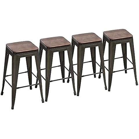 Yongchuang 24" Metal Counter Height Bar Stools Set of 4 Stackable Backless Barstools with Wood Top Gunmetal Cover
