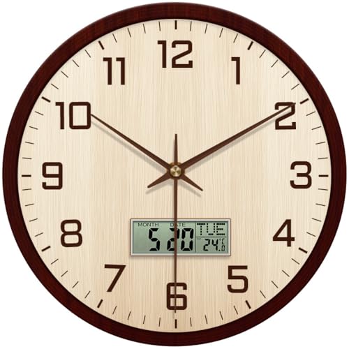 Image of STAR WORK Silent Non-Ticking Wall Clock 12 inch Inch Analog Clock & LCD Display | Calendar Date, Day, Temperature, Operated Decorative Clock for Living Room, Kitchen, Bedroom,Office (Cream Brown Digital)