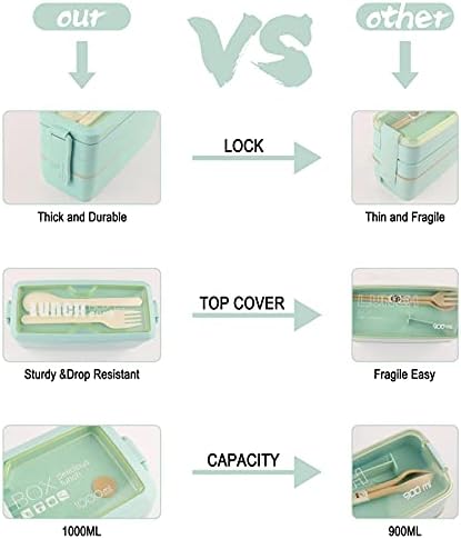 ASYH Bento Box Lunch Box, 3-in-1 Compartment Meal Prep Stackable Containers 1000ML, Japanese Style Lunch Box with Fork and Spoon for Adults School Office, Microwave Safe (Green)