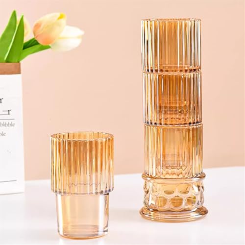 Vasos color ámbar para bebidas diarias, juego de 4 piezas de vidrio apilables con relieve 5