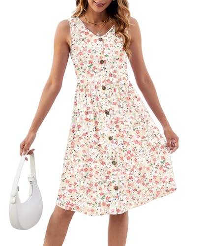 Image of KUOTAI Womens Summer Dresses Sleeveless Casual Loose Swing Button Down Midi Dress V-Neck Flowy A-Line Sundress