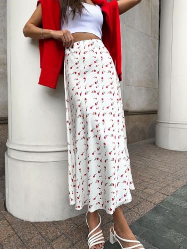 CORIRESHA Women's Elegant Cherry Print Ankle Length Flowy A-line Skirt2