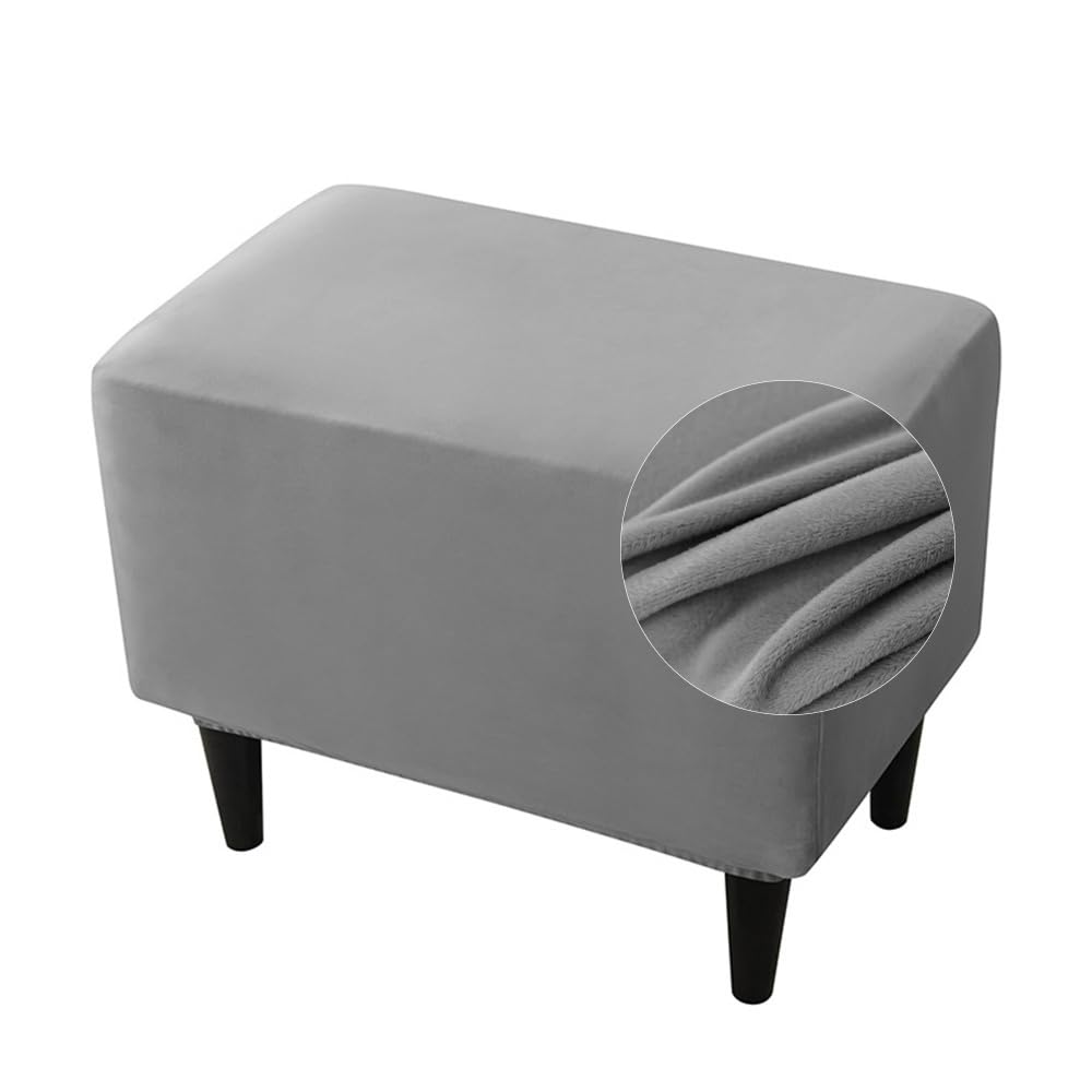 Highdi Footstool Cover Super Soft Velvet Ottoman Cover Stretch Solid Color Pouffe Cover Washable Rectangle Footrest Stool Slipcover with Elastic Bottom for Living Room Bedroom (Dark Gray)