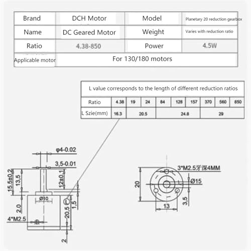 Motor reductor de CC 20 mm con engranajes planetarios de máxima reducción 560:1 3
