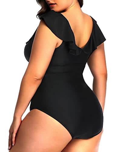 Daci Women Plus Size One Piece Swimsuits Black Ruffled V Neck Tummy Control Bathing Suits Black 16 Plus #TOP1