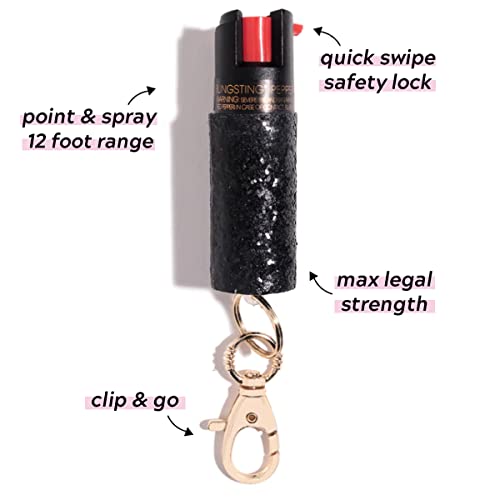 BLINGSTING Self Defense Kit - Professional Grade, Maximum Strength Pepper Spray with UV Marking Dye & Personal Safety Alarm (Black Glitter & Black Heart)