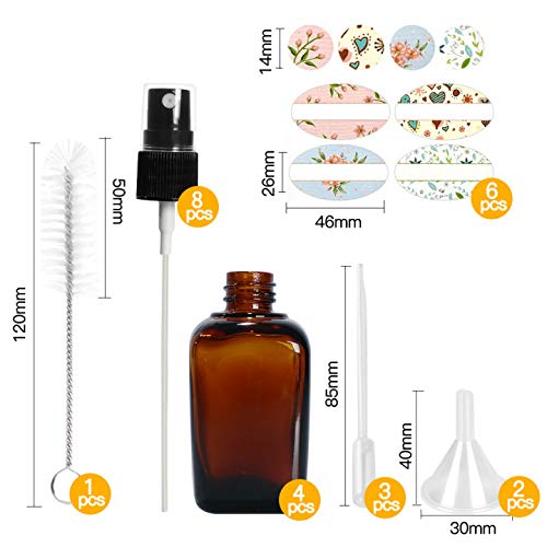 4 Pack 1.7oz 50 ml Square Amber Glass Spray Bottles with Fine Mist Sprayer & Dust Cap for Essential Oils, Perfumes,Cleaning Products.Included 1 Brush,4 Extra Sprayers,1 Funnels,2 Droppers & 6 Labels.