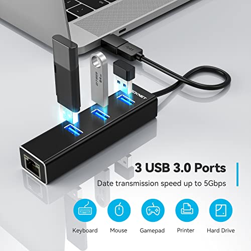 Tecknet Usb To Ethernet Adapter, Usb C To Ethernet, Aluminum 3 Port Usb 3.0 Hub With Rj45 10/100/1000 Gigabit Ethernet Adapter Converter Lan Wired, Usb Network Adapter With Usb C Adapter For Laptop #TOP3