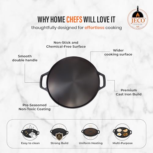 Image of Cast Iron Dosa Tawa with Dual Grip Handles | Pre-Seasoned Non-Stick Iron Tawa for Dosa /Chilla /Roti | Heavy Duty Non-Toxic Cookware | Gas Stove & Induction Compatible | Black, 30cm, 2.2kg