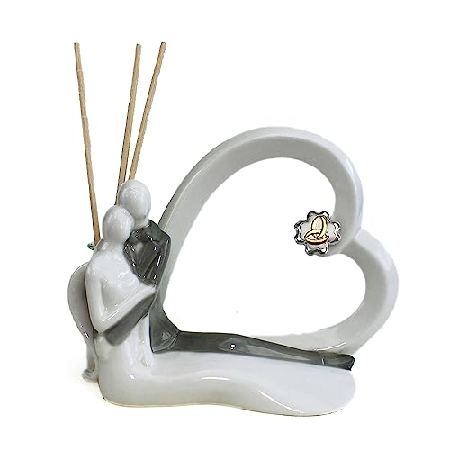DLM34607 Profumatore in Porcellana Cuore con Coppia Sposi e Quadrifoglio FEDI Nuziali Nozze Matrimonio Anniversario Diffusore Ambienti bomboniera