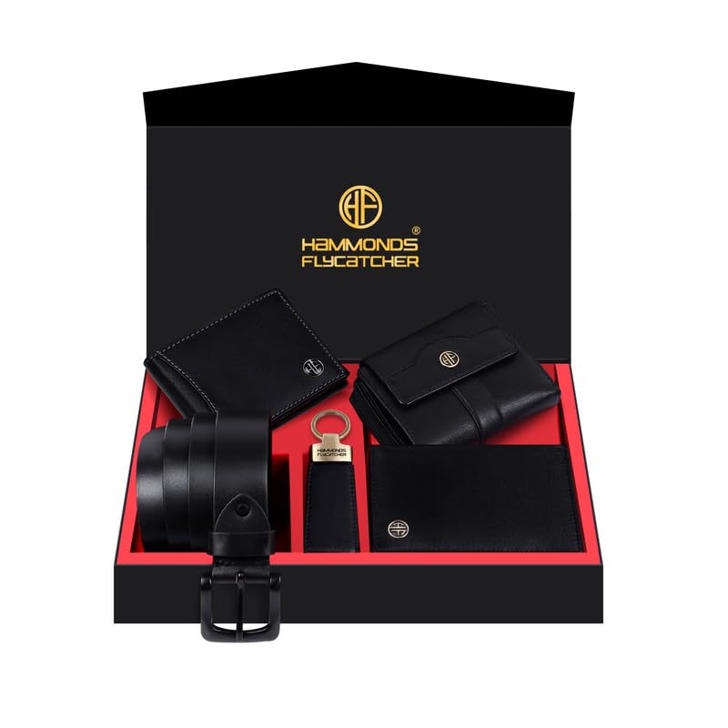 HAMMONDS FLYCATCHER Genuine Leather Premium 5 in 1 Mega Gift Combo Gifts Set for Men & Colleagues - Men's Wallet, Ladies Wallet, Passport Holder, Men's Belt & Keyring - Blics Black