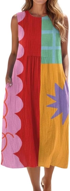 TIAFORD Womens Sleeveless Boho Floral Print Maxi Dress Casual Crew Neck Loose Fit Geometric Summer Long Dress with Pockets
