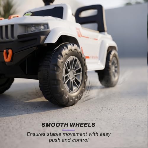 Image of Baybee Speedy Baby Ride on Car for Kids | Portable Kids Car with LED Lights, Music & Storage Basket | Push Toy Cars with High Backrest | Toddler Rideons Jeep for 1 to 3 Years Boys Girls (White)