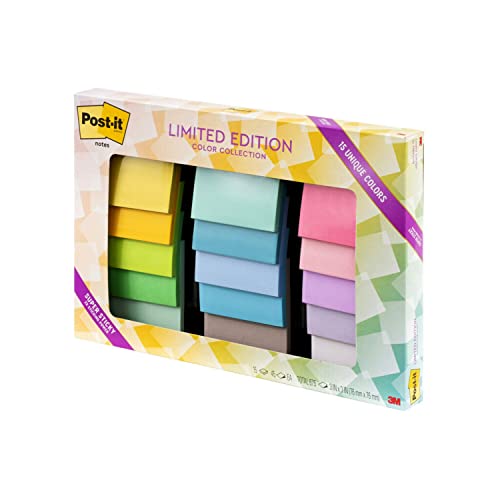 Post-It Super Sticky Notes, Limited Edition Color Collection, 3X3 In, 15 Pads/Pack, 45 Sheets/Pad (654-15Ssall) #TOP7