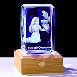 Arikyrist Regalos de primera comunión de cristal 3D para niñas y mujeres, grabado láser, estatua de bautismo con base LED colorida de madera, decoración religiosa católica cristiana