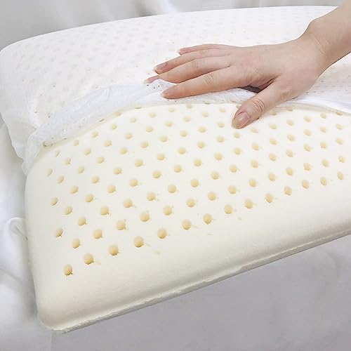 Almohada de espuma de látex natural para dormir de espalda, boca abajo y de lado, almohada de cama de apoyo medio con funda extraíble con cremallera y funda lavable, tamaño estándar (60 x 40 x 14 cm)